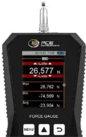 PCE INSTRUMENTS 02.11.23 - 13:22 ALARM 26,577 N ALARM Max 26,762 N Min -74,569 N Avg -23,904 N FORCE GAUGE MENU ▲ ↻