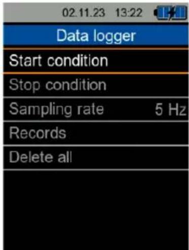 02.11.23 13:22 Data logger Start condition Stop condition Sampling rate 5 Hz Records Delete all