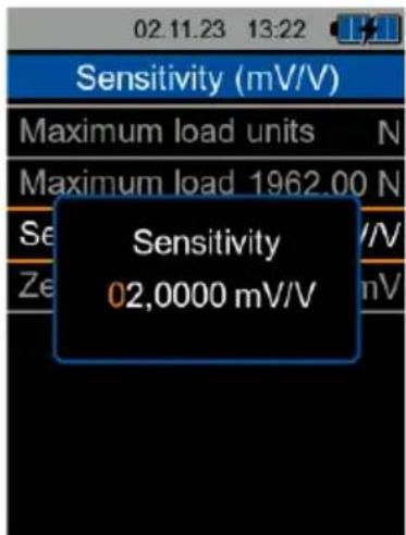 02.11.23 13:22 Sensitivity (mV/V) Maximum load units N Maximum load 1962.00 N Sensitivity 02,0000 mV/V