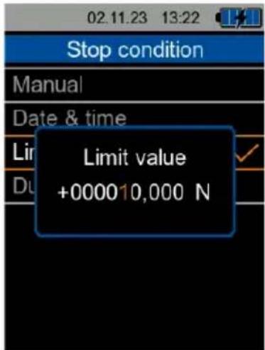 Stop condition Manual Date & time Limit value +000010,000 N