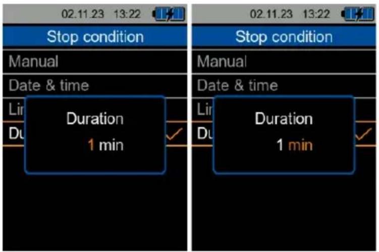 02.11.23 13:22 Stop condition Manual Date & time Duration 1 min Stop condition Manual Date & time Duration 1 min