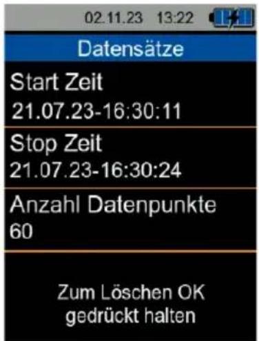 02.11.23 13:22 Datensätze Start Zeit 21.07.23-16:30:11 Stop Zeit 21.07.23-16:30:24 Anzahl Datenpunkte 60 Zum Löschen OK gedrückt halten
