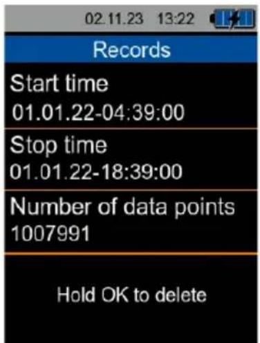 02.11.23 13:22 Records Start time 01.01.22-04:39:00 Stop time 01.01.22-18:39:00 Number of data points 1007991 Hold OK to delete