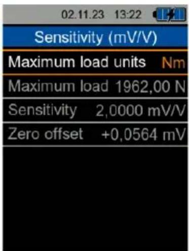 02.11.23 13:22 Sensitivity (mV/V) Maximum load units Nm Maximum load 1962,00 N Sensitivity 2,0000 mV/V Zero offset +0,0564 mV