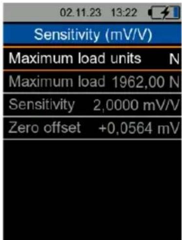 02.11.23 13:22 Sensitivity (mV/V) Maximum load units N Maximum load 1962,00 N Sensitivity 2,0000 mV/V Zero offset +0,0564 mV