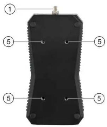 Labeled diagram of a black electronic device with numbered components and mounting holes