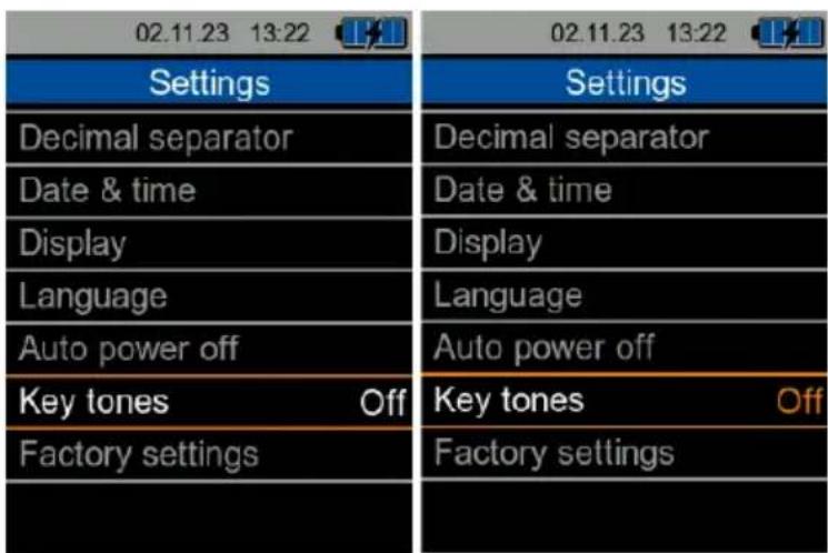 02.11.23 13:22 Settings Decimal separator Date & time Display Language Auto power off Key tones Off Factory settings Settings Decimal separator Date & time Display Language Auto power off Key tones Off Factory settings