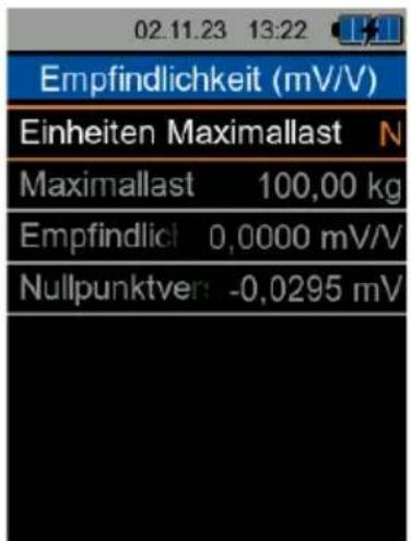 02.11.23 13:22 Empfindlichkeit (mV/V) Einheiten Maximallast N Maximalast 100,00 kg Empfindlich 0,0000 mV/V Nullpunktver -0,0295 mV