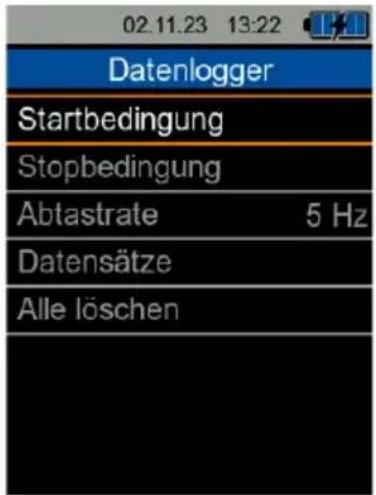 02.11.23 13:22 Datenlogger Startbedingung Stopbedingung Abtastrate 5 Hz Datensätze Alle löschen