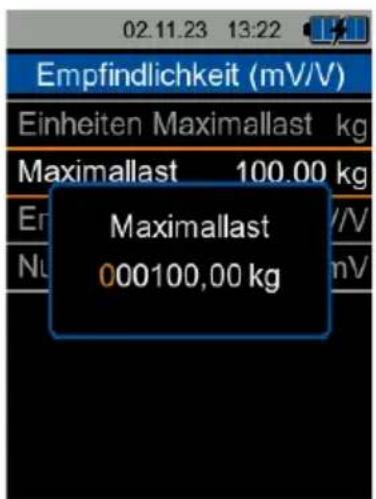 02.11.23 13:22 Empfindlichkeit (mV/V) Einheiten Maximallast kg Maximallast 100.00 kg Maximallast 000100,00 kg