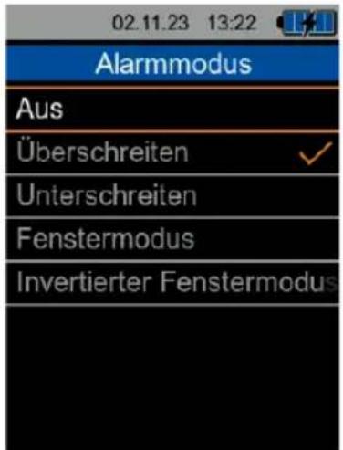 02.11.23 13:22 Alarmmodus Aus Überschreiten ✓ Unterschreiten Fenstermodus Invertierter Fenstermodus