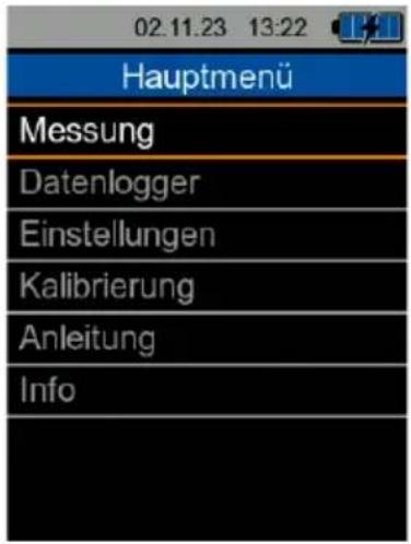 02.11.23 13:22 Hauptmenü Messung Datenlogger Einstellungen Kalibrierung Anleitung Info