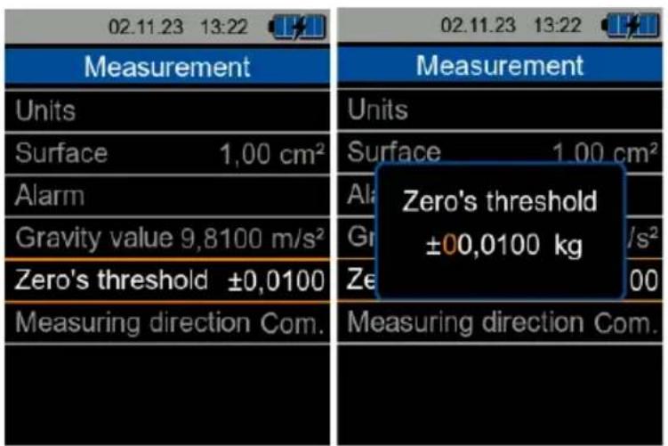 02.11.23 13:22 Measurement Units Surface 1,00 cm² Alarm Gravity value 9,8100 m/s² Zero's threshold ±0,0100 Measuring direction Com. Measurement Units Surface 1,00 cm² Ala Zero's threshold ±00,0100 kg Gr /s² Ze 00 Measuring direction Com.