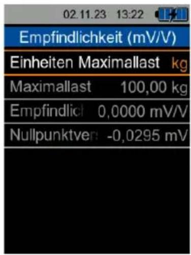02.11.23 13:22 Empfindlichkeit (mV/V) Einheiten Maximallast kg Maximalast 100,00 kg Empfindlich 0,0000 mV/V Nullpunktver: -0,0295 mV