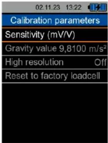02.11.23 13:22 Calibration parameters Sensitivity (mV/V) Gravity value 9,8100 m/s² High resolution Off Reset to factory loadcell