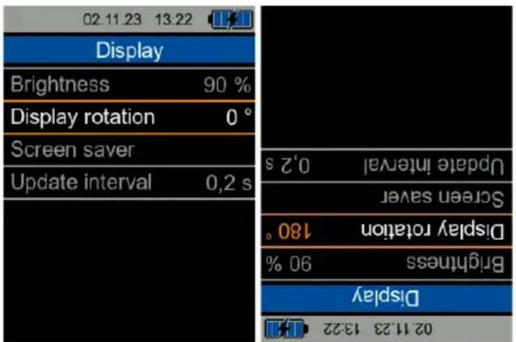 02.11.23 13:22 Display Brightness 90 % Display rotation 0° Screen saver Update interval 0,2 s s 2,0 Update interval 0,2 s Screen saver Display rotation 180° Brightness 90 % Display