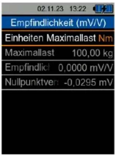 02.11.23 13:22 Empfindlichkeit (mV/V) Einheiten Maximallast Nm Maximalast 100,00 kg Empfindlich 0,0000 mV/V Nullpunktver: -0,0295 mV