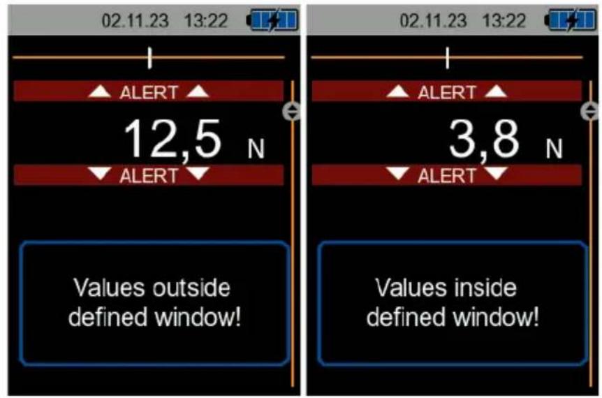 02.11.23 13:22 12,5 N ↓ ALERT ↓ Values outside defined window! 02.11.23 13:22 3,8 N ↓ ALERT ↓ Values inside defined window!