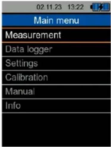 02.11.23 13:22 Main menu Measurement Data logger Settings Calibration Manual Info