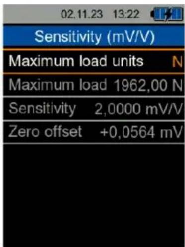 02.11.23 13:22 Sensitivity (mV/V) Maximum load units N Maximum load 1962,00 N Sensitivity 2,0000 mV/V Zero offset +0,0564 mV