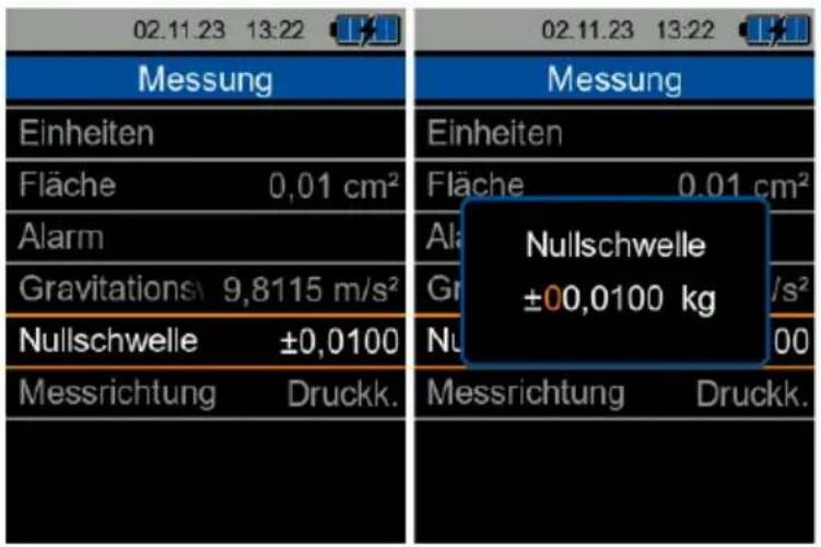 Messung Einheiten Fläche 0,01 cm² Alarm Gravitations 9,8115 m/s² Nullschwelle ±0,0100 Messrichtung Druckk. Messung Einheiten Fläche 0,01 cm² Ala Gr Nullschwelle ±00,0100 kg Nu 00 Messrichtung Druckk.