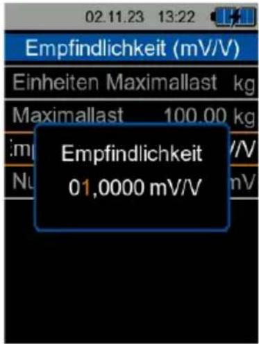Empfindlichkeit (mV/V) Einheiten Maximallast kg Maximallast 100.00 kg :mv Nu Empfindlichkeit 01,0000 mV/V