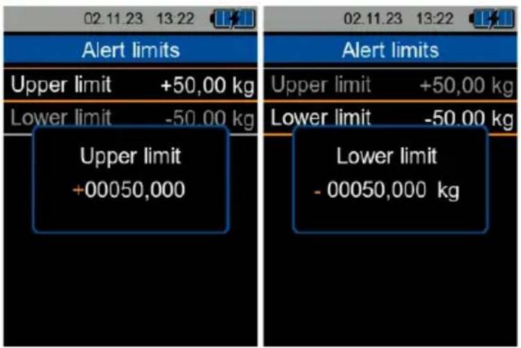 Alert limits Upper limit +50,00 kg Lower limit -50.00 kg Upper limit +00050,000 Alert limits Upper limit +50,00 kg Lower limit -50.00 kg Lower limit - 00050,000 kg