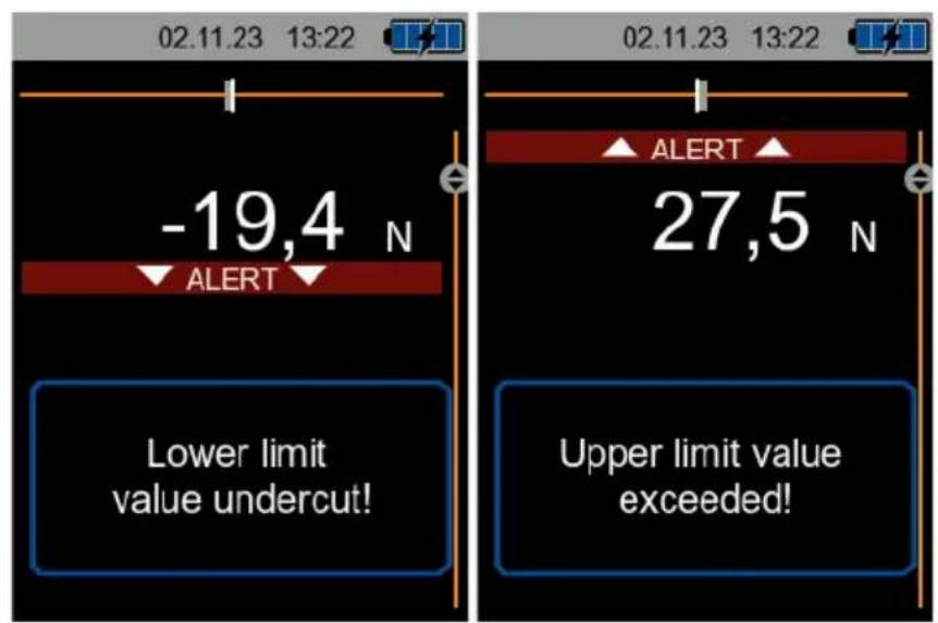 -19,4 N ↓ ALERT Lower limit value undercut! 27,5 N Upper limit value exceeded!