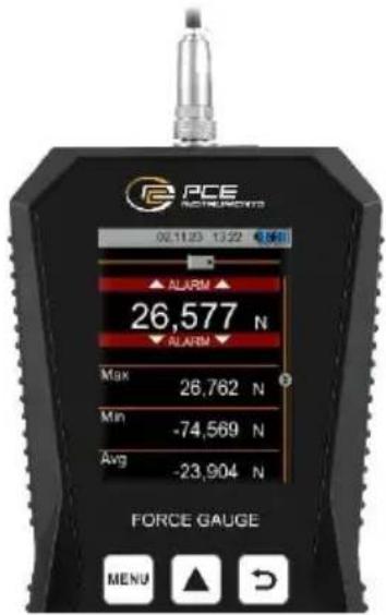 PCE INSTRUMENTS 02.11.23 13:22 4:58 ALARM 26,577 N ALARM Max 26,762 N Min -74,569 N Avg -23,904 N FORCE GAUGE MENU ▲ ↻