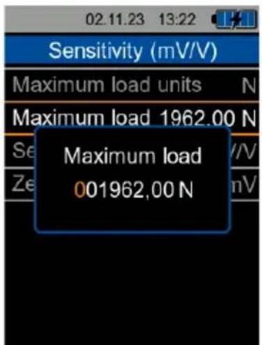 02.11.23 13:22 Sensitivity (mV/V) Maximum load units N Maximum load 1962.00 N Se /V Ze mV Maximum load 001962,00 N
