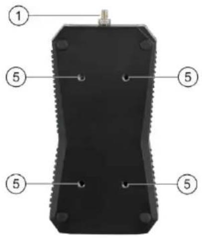 Labeled diagram of a black electronic device with numbered components and mounting holes