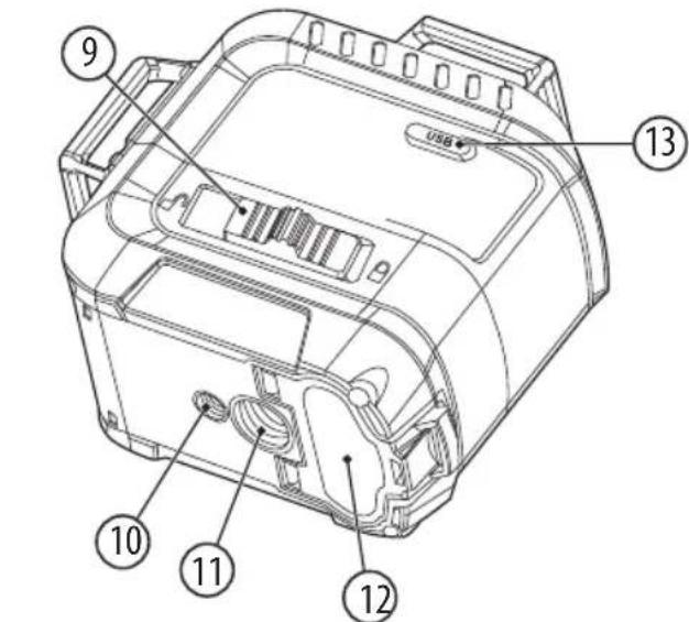 Technical diagram of a device with numbered parts labeled 9, 10, 11, 12, and 13 pointing to internal components.
