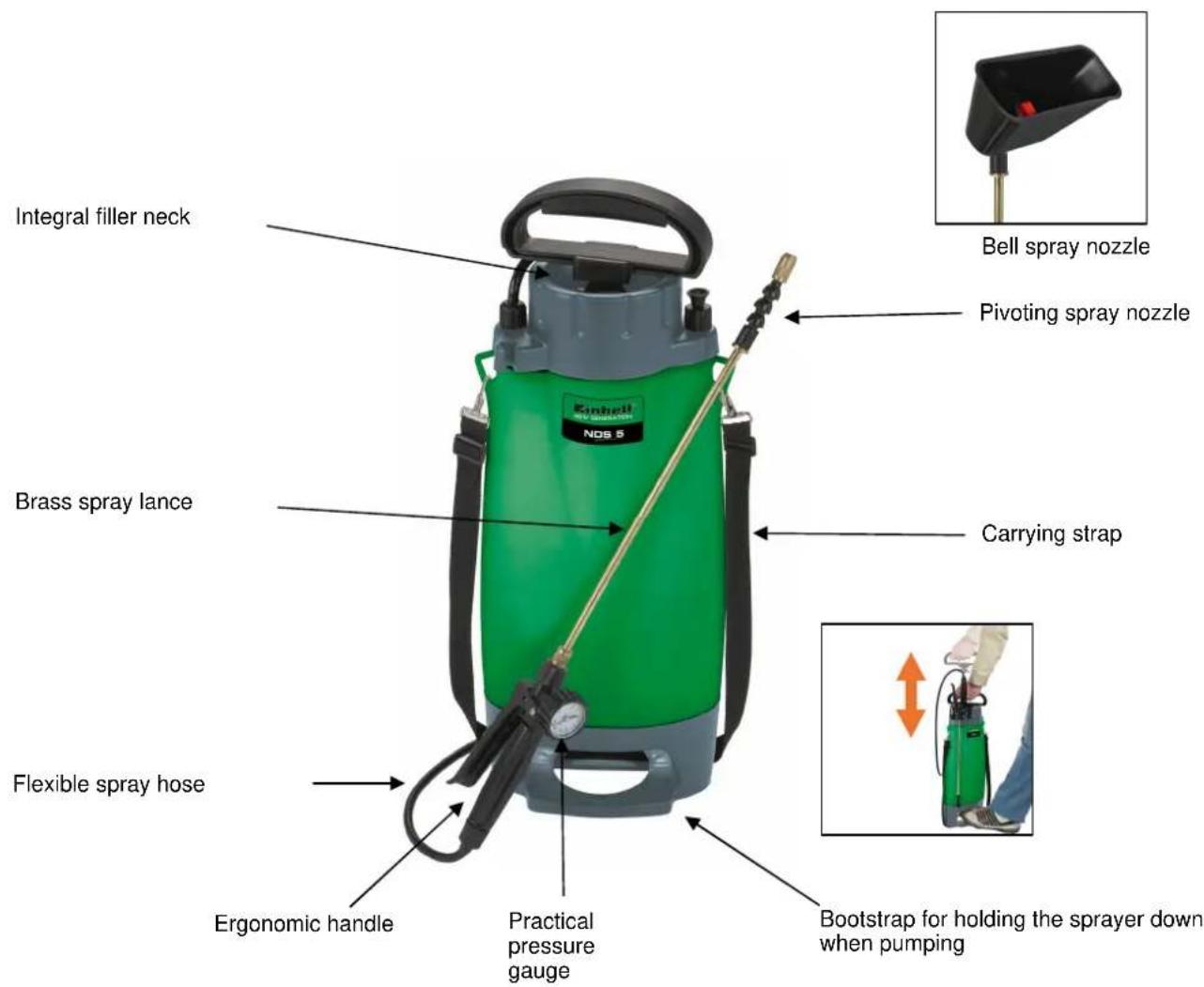 Integral filler neck Brass spray lance Flexible spray hose Ergonomic handle Practical pressure gauge Carrying strap Bell spray nozzle Pivoting spray nozzle Bootstrap for holding the sprayer down when pumping