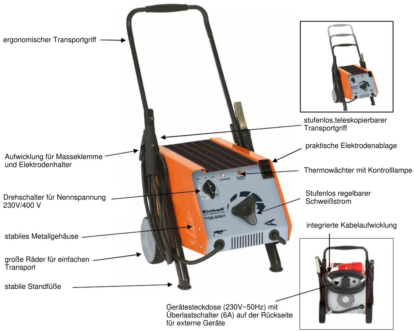ergonomischer Transportgriff Aufwicklung für Masseklemme und Elektrodenhalter Drehschalter für Nennspannung 230V/400 V stabiles Metallgehäuse große Räder für einfachen Transportl stabile Standfüße Grätesteckdose (230V~50Hz) mit Überlastschalter (6A) auf der Rückseite für externe Geräte Einhel N50 GABP Stufenlos,teleskopierbarer Transportgriff praktische Elektrodenablage Thermowächter mit Kontrolllampe Stufenlos regelbarer Schweißstrom integrierte Kabelaufwicklung