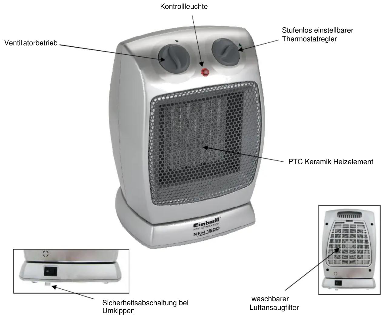 Kontrollleuchte Stufenlos einstellbarer Thermostatregler Ventil atorbetrieb PTC Keramik Heizelement Einheli® NEW GENERATION NKH 1500 Sicherheitsabschaltung bei Umkippen waschbarer Luftansaugfilter