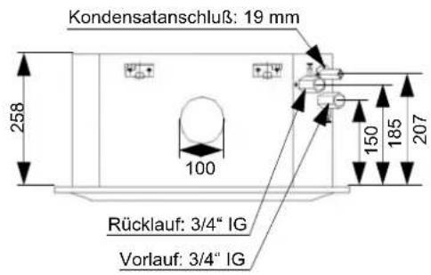 Kondensatanschluß: 19 mm 258 100 Rücklauf: 3/4" IG Vorlauf: 3/4" IG 150 185 207