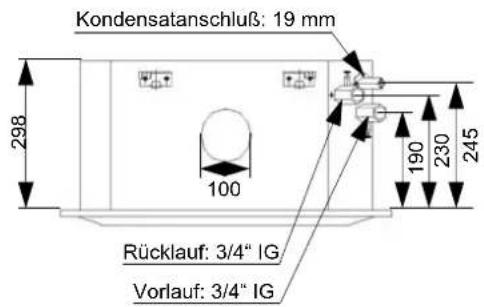 Kondensatanschluß: 19 mm 298 100 Rücklauf: 3/4" IG Vorlauf: 3/4" IG 190 230 245