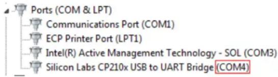Ports (COM & LPT) Communications Port (COM1) ECP Printer Port (LPT1) Intel(R) Active Management Technology - SOL (COM3) Silicon Labs CP210x USB to UART Bridge (COM4)