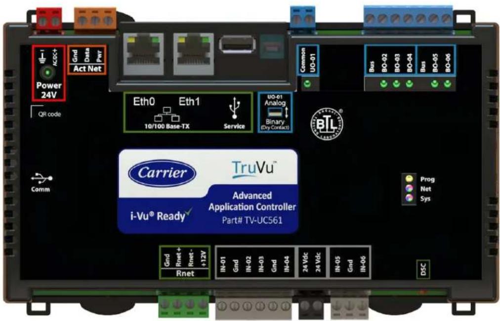 Power 24V QR code Comm Gnd Data PWR Act Net Eth0 Eth1 10/100 Base-TX Service UO-01 Analog Binary (Cry Contact) Common UO-01 Bus BO-02 BO-03 BO-04 Bus BO-05 BO-06 TruVu™ Advanced Application Controller Part# TV-UC561 i-Vu® Ready Carrier i-Vu® Ready Prop Net Sys Gnd Rnet + Rnet - Rnet +12V IN-01 Gnd IN-02 IN-03 Gnd IN-04 24 Vdc 24 Vdc IN-05 Gnd IN-06 DSC