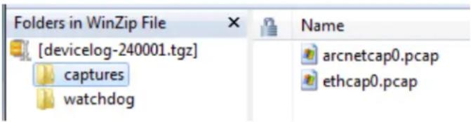 Folders in WinZip File [devicelog-240001.tgz] captures watchdog Name arcnetcap0.pcap ethcap0.pcap