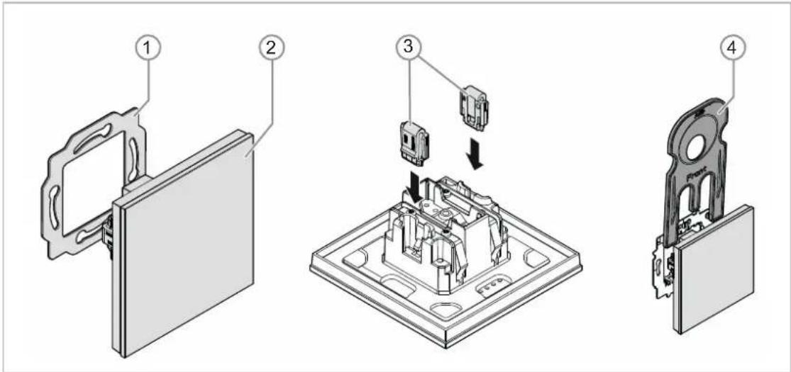 Exploded view diagram of a device showing four labeled components: front panel, internal circuit board, and external casing.