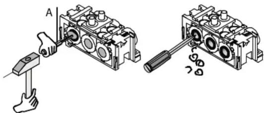 Technical diagram showing mechanical assembly steps with labeled components and a hand hammer indicating tool