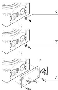 Technical diagram showing three labeled mechanical or electrical components with directional arrows and annotations A, B, C, D.