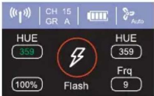 CH 15 GR A Auto HUE 359 100% Flash HUE 359 Frq 9
