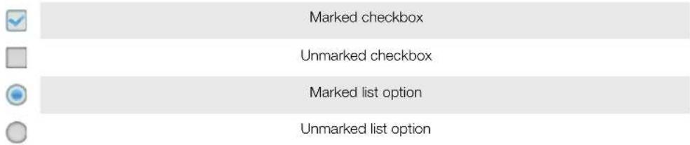 Marked checkbox, Unmarked checkbox, Marked list option, Unmarked list option