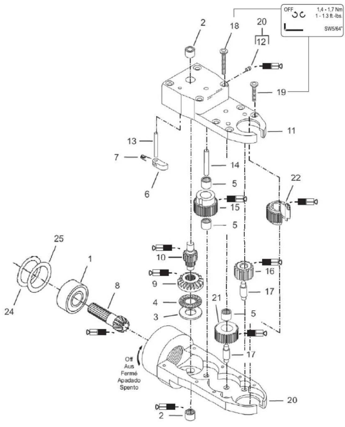 OFF 1,4 - 1,7 Nm 1 - 1,3 ft.-lbs. SW5/64" 20 18 12 19 11 13 7 6 14 5 15 5 22 25 10 9 4 3 21 5 16 17 17 20 24 8 Off Aus Fermé Apadado Spento 2