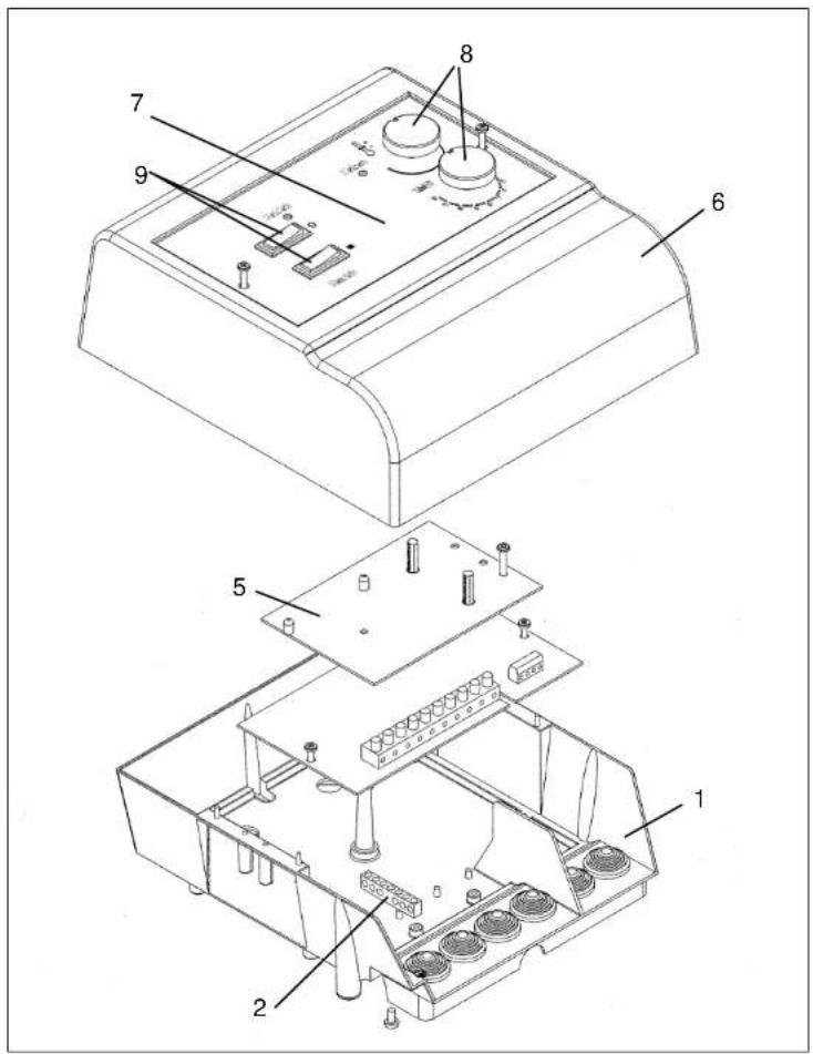 Technical diagram of an electronic device with numbered components for identification and assembly reference.
