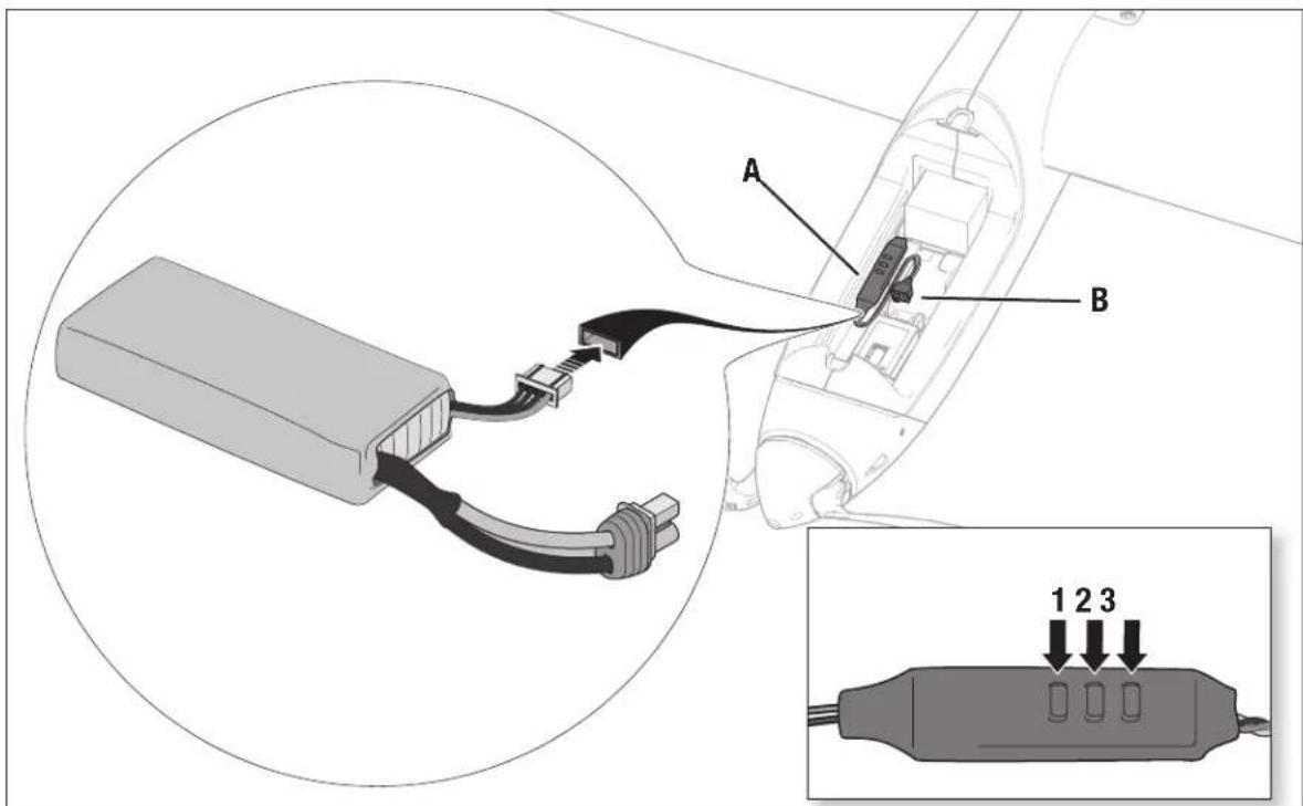 Diagram showing a battery connector connected to an electronic device with labeled parts A and B, including a zoomed-in view of the component.