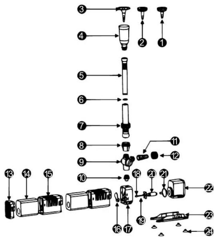 Exploded diagram of a mechanical assembly with numbered components and directional arrows indicating assembly steps.