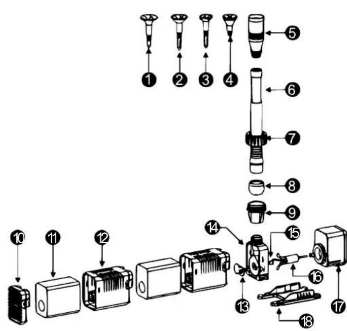Exploded view diagram of a mechanical assembly with numbered parts and exploded views